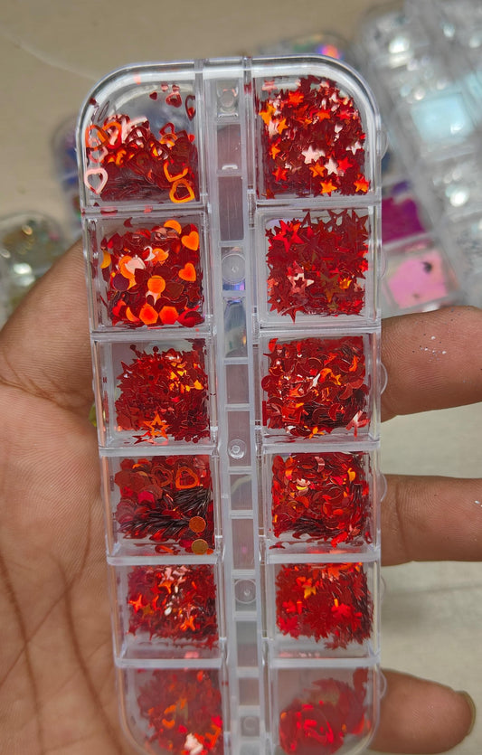 GV802 12-Color Red Holographic Nail Art Glitter Set – Hearts, Stars & Mixed Sequins for Gel & Acrylic Nails