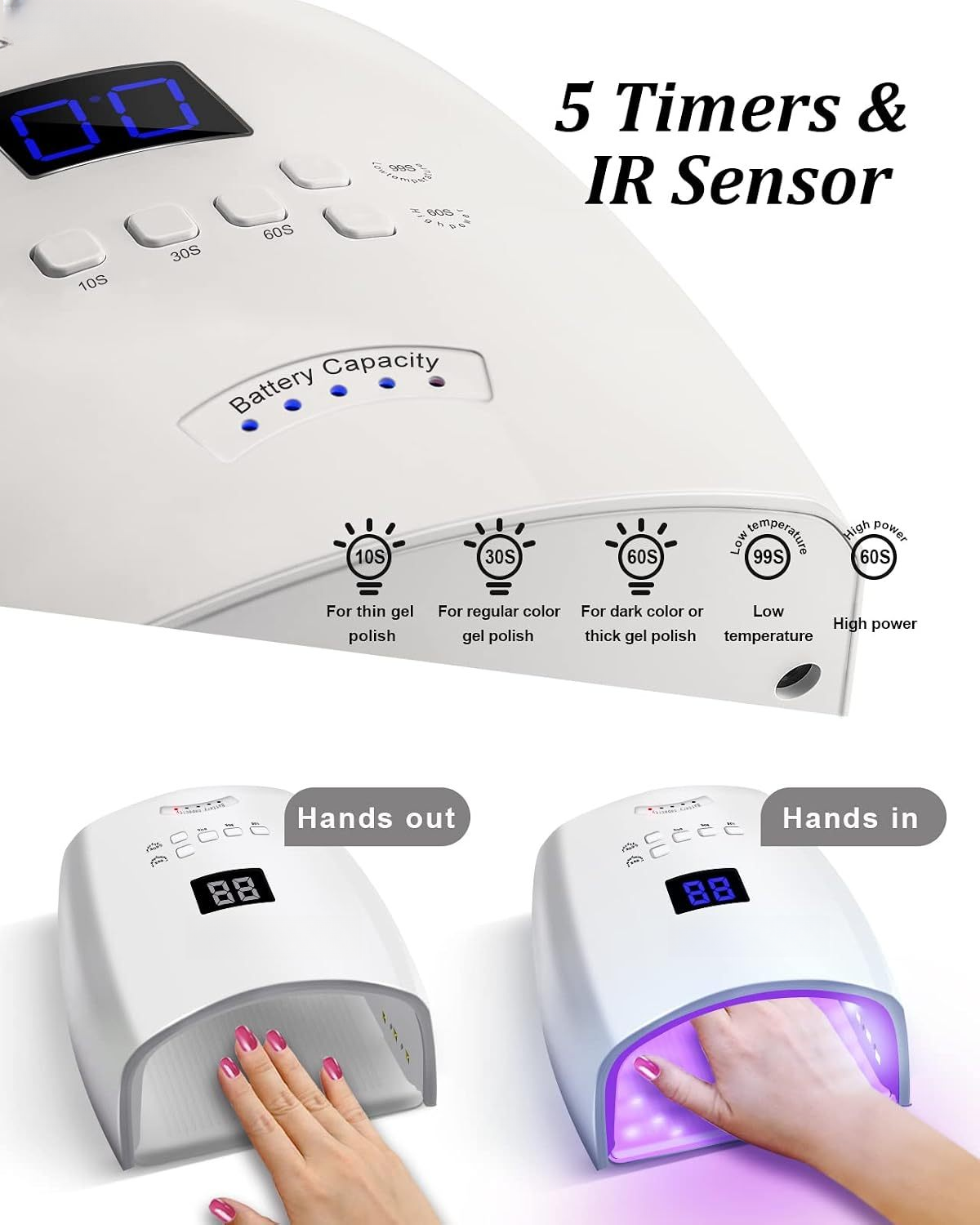 GV1137 Cordless Rechargeable UV LED Nail Lamp S10, Dual Light Source 365+405nm Nail Dryer with 5 Timers, IR Sensor, Low Temperature & High Power Modes for Gel Polish, Manicure & Pedicure