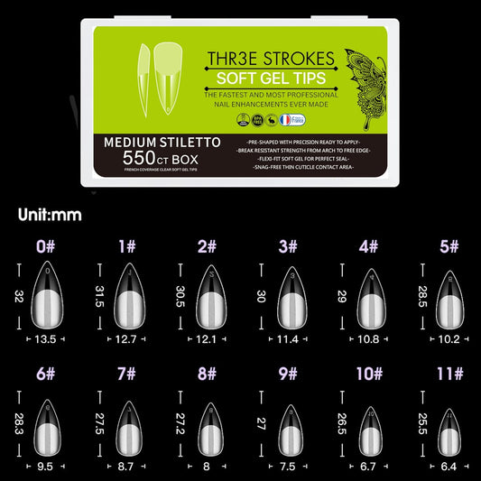GV31 THR3E STROKES Soft Gel Nail Tips, Full Cover Clear Soft Nail Tips for Artificial False Nails Extension Nail Salons DIY Nail Art with Box, 550PCS (MEDIUM STILLETO N20)