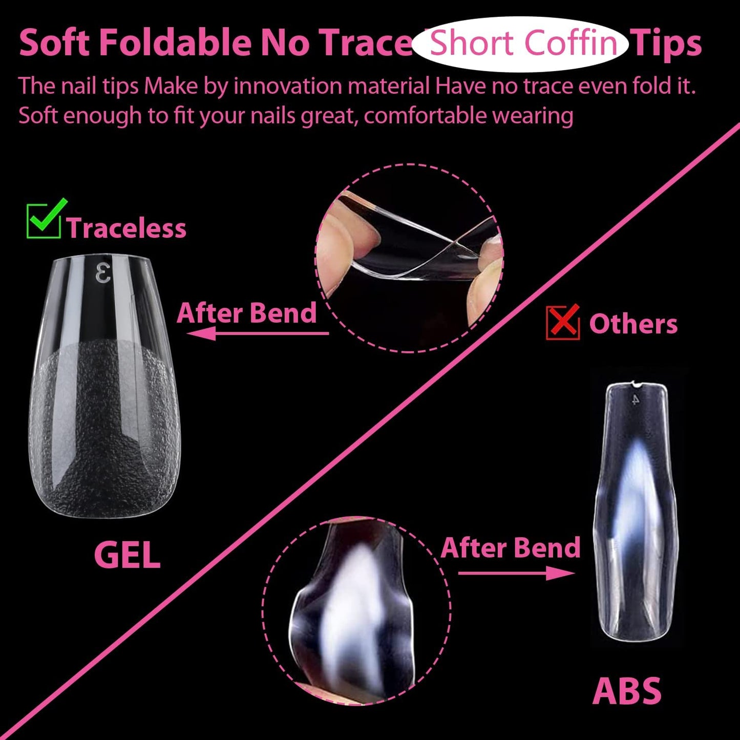 GV24 THR3E STROKES Soft Gel Nail Tips, Full Cover Clear Soft Nail Tips for Artificial False Nails Extension Nail Salons DIY Nail Art with Box, 550PCS (SHORT COFFIN N22)