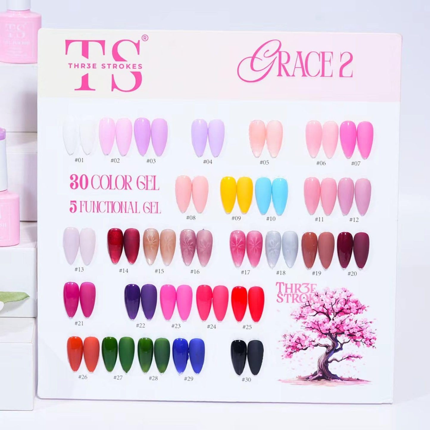 GV871 THREE STROKES Grace 2 Gel Nail Polish Kit – 35 Pcs Set (30 Trendy Colors + 5 Functional Gels) | Includes Base, Top, Matte, Primer & Reinforce Gel | Professional Soak Off UV/LED Nail Art Gift Box with Magnet Stick