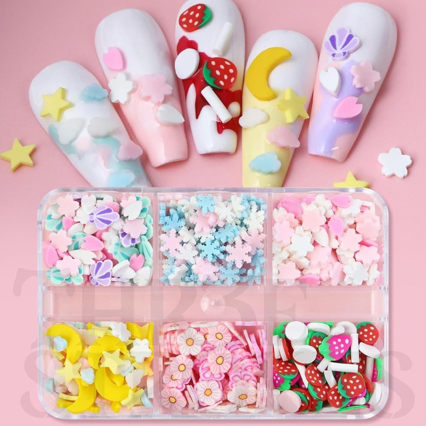 GV162 THR3E STROKES 3D Flower Slices Polymer Clay Slices, Nail Art Slices Polymer Slices DIY Fruit Nail Art Supplies Making Kit Decoration Crafts for Nail Art DIY (6 Girds) (D49)