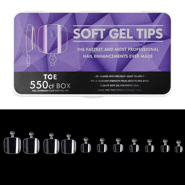 GV22 THR3E STROKES Soft Gel Nail Tips, Full Cover Clear Soft Nail Tips for Artificial False Nails Extension Nail Salons DIY Nail Art with Box, 550PCS (TOE NAILS)