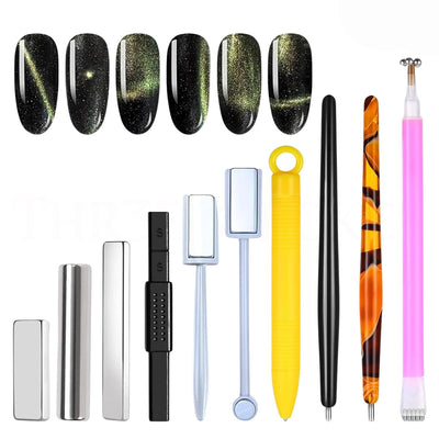 GV95 THR3E STROKES 10pcs Nail Magnet Set Cat Eye Magnet for Nails Magnetic Gel Polish Nail Polish Pens Nail Design Tools Nail Magnetic Stand Nail Art Tools