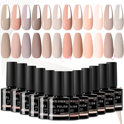 GV21 THR3E STROKES Gel Nail Polish Set - 12 Pcs 7.5ml Nude Light Pink All Seasons Skin Tones Neutral Pink Brown Gel Polish Kit, Soak Off UV LED Gel Polish Set Nail Art Salon Manicure DIY Gifts (V SERIES)