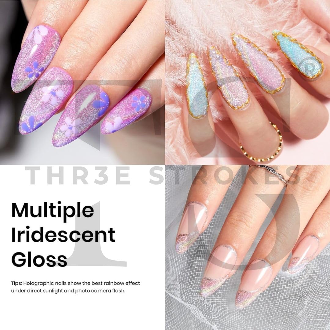 GV177 THR3E STROKES Rainbow Cat Eye Gel Nail Polish, 7.5ml Holographic 9D Sparkly Glitter Spring Gel Polish, Soak Off UV/LED Manicure Nail Art Designs, Flakie Finish