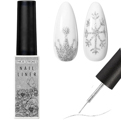 GV19 THR3E STROKES Gel Liner Nail Art Silver Glitter Design Gel Nail Polish 1 Bottle 8ml Soak off UV LED Curing Requires Build in Thin Brush Striper Gel Polish for Home Salon Diy Nail Manicure Painting Decoration (SILVER)