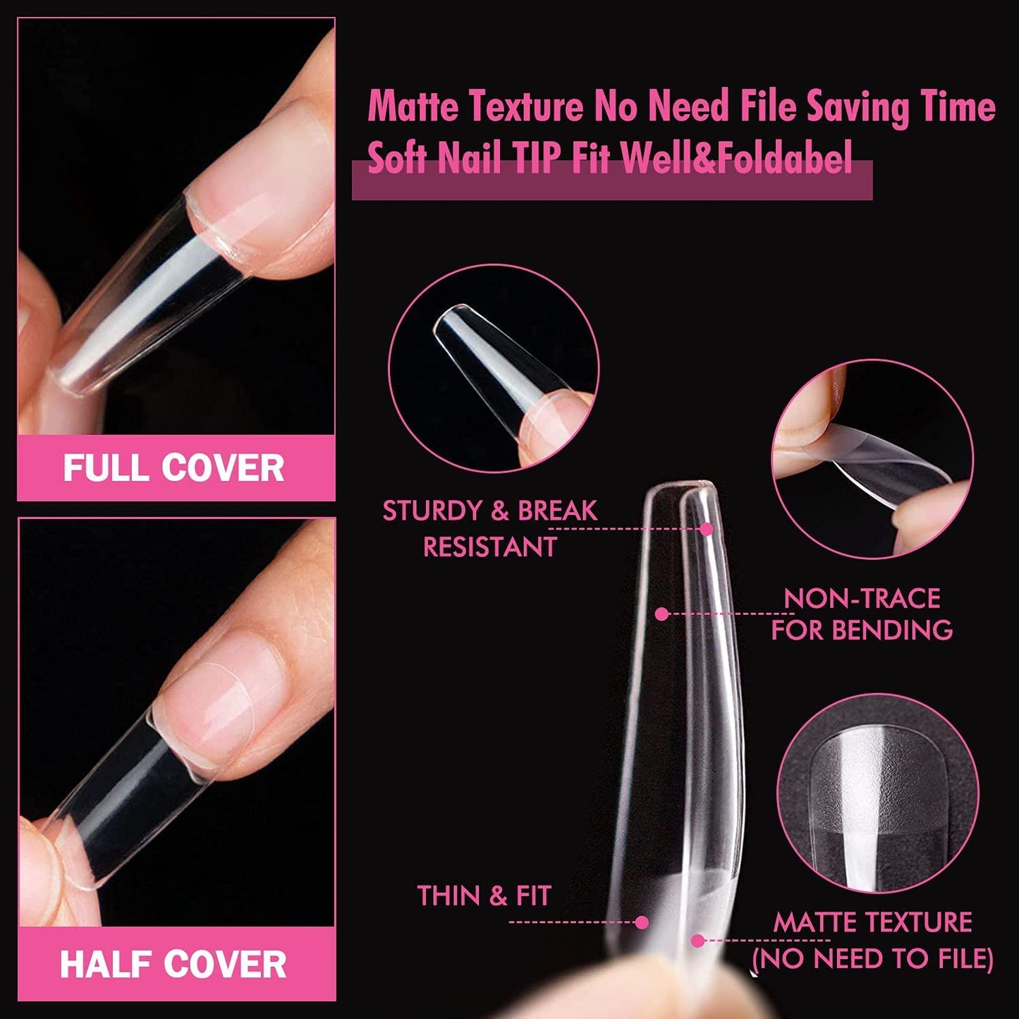 GV25 THR3E STROKES Soft Gel Nail Tips, Full Cover Clear Soft Nail Tips for Artificial False Nails Extension Nail Salons DIY Nail Art with Box, 550PCS (LONG COFFIN N19)