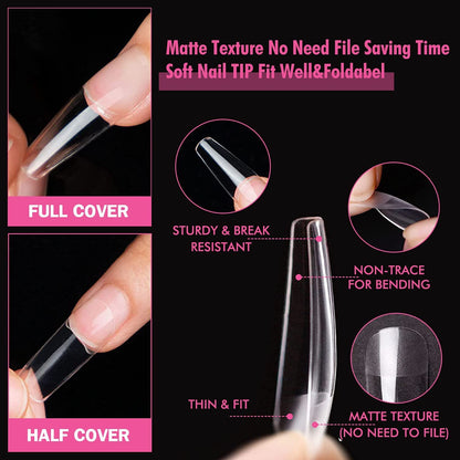 GV25 THR3E STROKES Soft Gel Nail Tips, Full Cover Clear Soft Nail Tips for Artificial False Nails Extension Nail Salons DIY Nail Art with Box, 550PCS (LONG COFFIN N19)