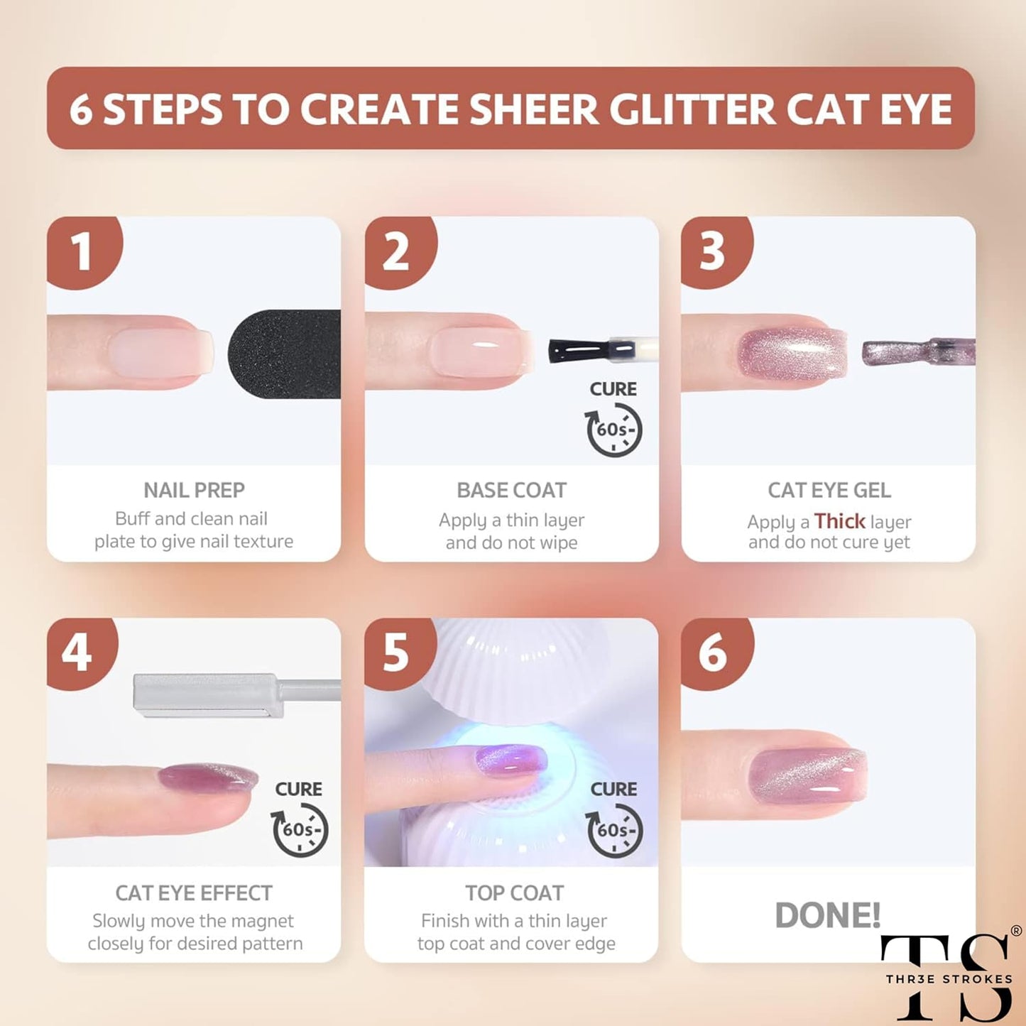 GV39 THR3E STROKES Cat Eye Gel Nail Polish Set, 6 Colors Magnetic Gel Nail Polish Kit with Magnet Stick, Soak Off UV LED Gel Polish with Starry Sky Effect, Cat eye Nail Polish for Home DIY Manicure Nail Salon MILKYWAY 76