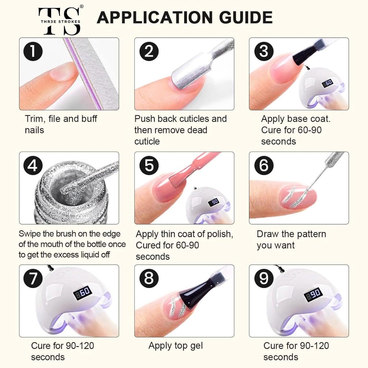 GV19 THR3E STROKES Gel Liner Nail Art Silver Glitter Design Gel Nail Polish 1 Bottle 8ml Soak off UV LED Curing Requires Build in Thin Brush Striper Gel Polish for Home Salon Diy Nail Manicure Painting Decoration (SILVER)