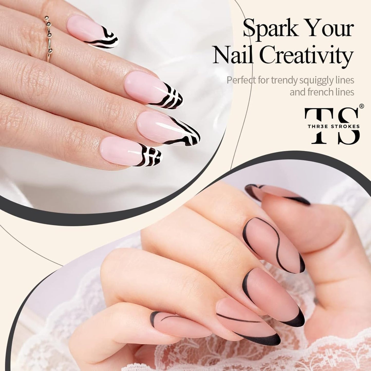 GV18 THR3E STROKES Liner Nail Art Gel Polish,Black Painted Gel Nail Design Polish 1 Bottle Soak off Curing Requires 8ml Build in Thin Brush for Classical Home Salon Diy Nail French Manicure Painting (Black)