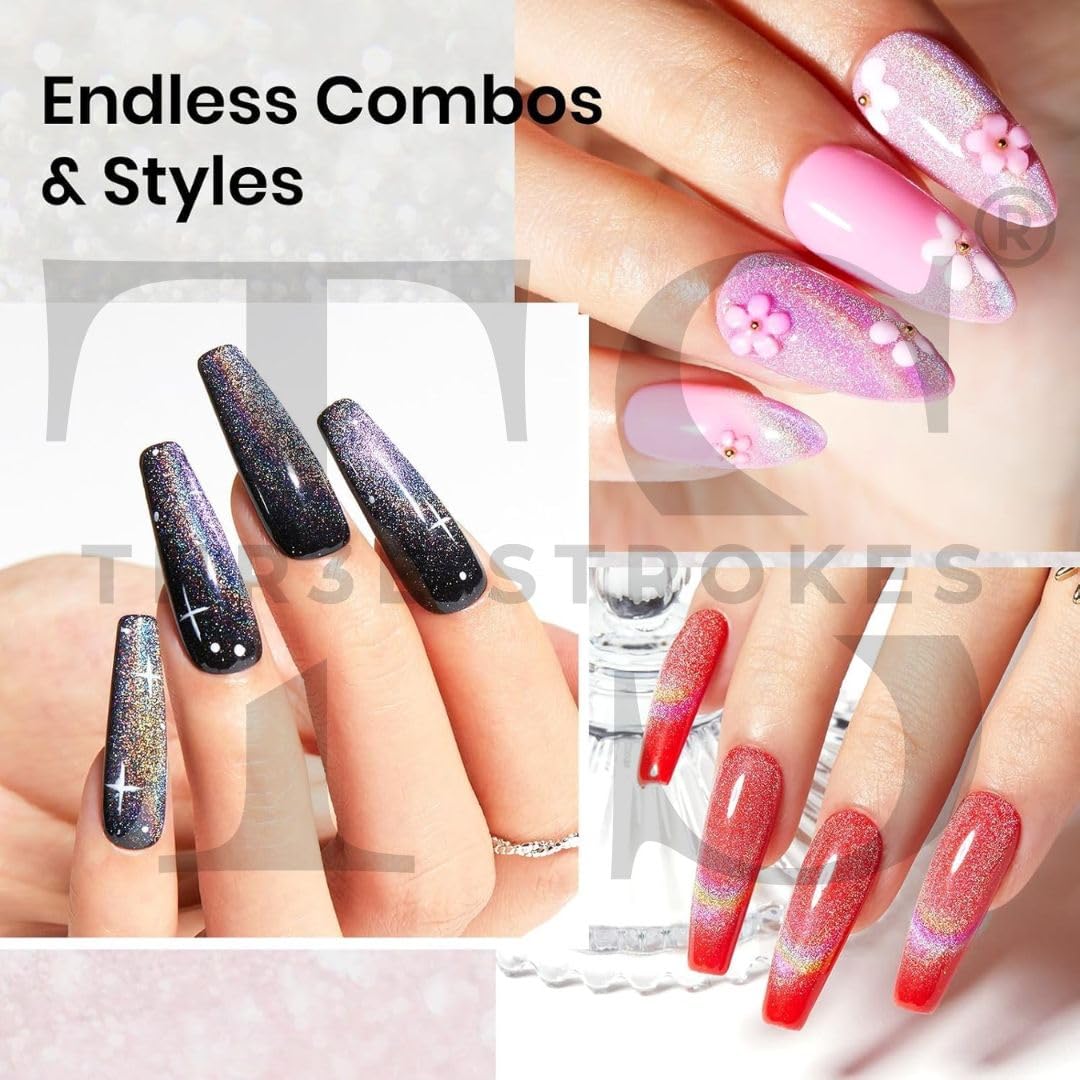 GV177 THR3E STROKES Rainbow Cat Eye Gel Nail Polish, 7.5ml Holographic 9D Sparkly Glitter Spring Gel Polish, Soak Off UV/LED Manicure Nail Art Designs, Flakie Finish