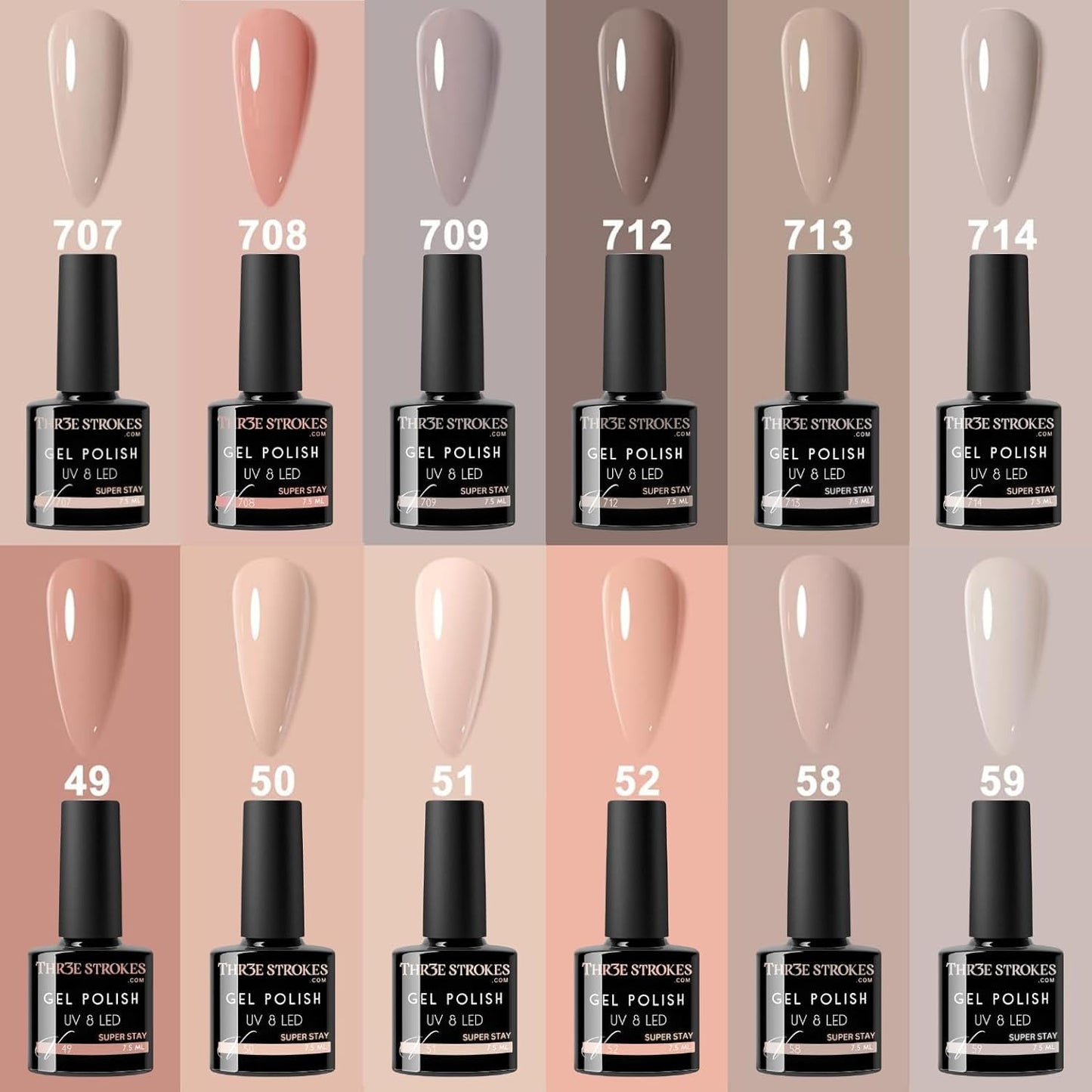 GV21 THR3E STROKES Gel Nail Polish Set - 12 Pcs 7.5ml Nude Light Pink All Seasons Skin Tones Neutral Pink Brown Gel Polish Kit, Soak Off UV LED Gel Polish Set Nail Art Salon Manicure DIY Gifts (V SERIES)