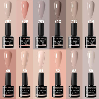GV21 THR3E STROKES Gel Nail Polish Set - 12 Pcs 7.5ml Nude Light Pink All Seasons Skin Tones Neutral Pink Brown Gel Polish Kit, Soak Off UV LED Gel Polish Set Nail Art Salon Manicure DIY Gifts (V SERIES)