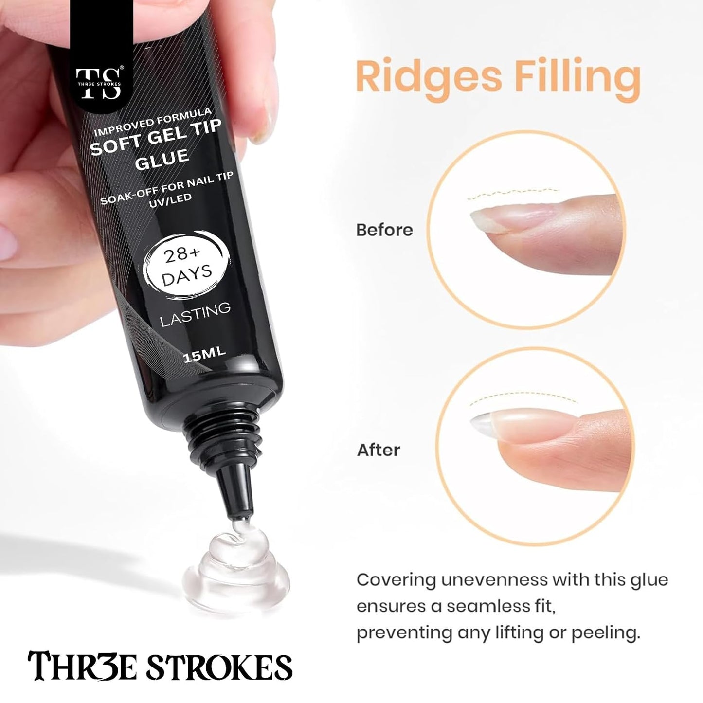 GV23 THR3E STROKES Upgrade 3 in 1 Nail Glue Gel for False Nail Tips, 20g Super Strong Nail Gel Glue for Nail Extension Soft Gel Nail Tips and 3D Nail Art Rhinestone Glue Soak Off UV Nail Gel Long Lasting