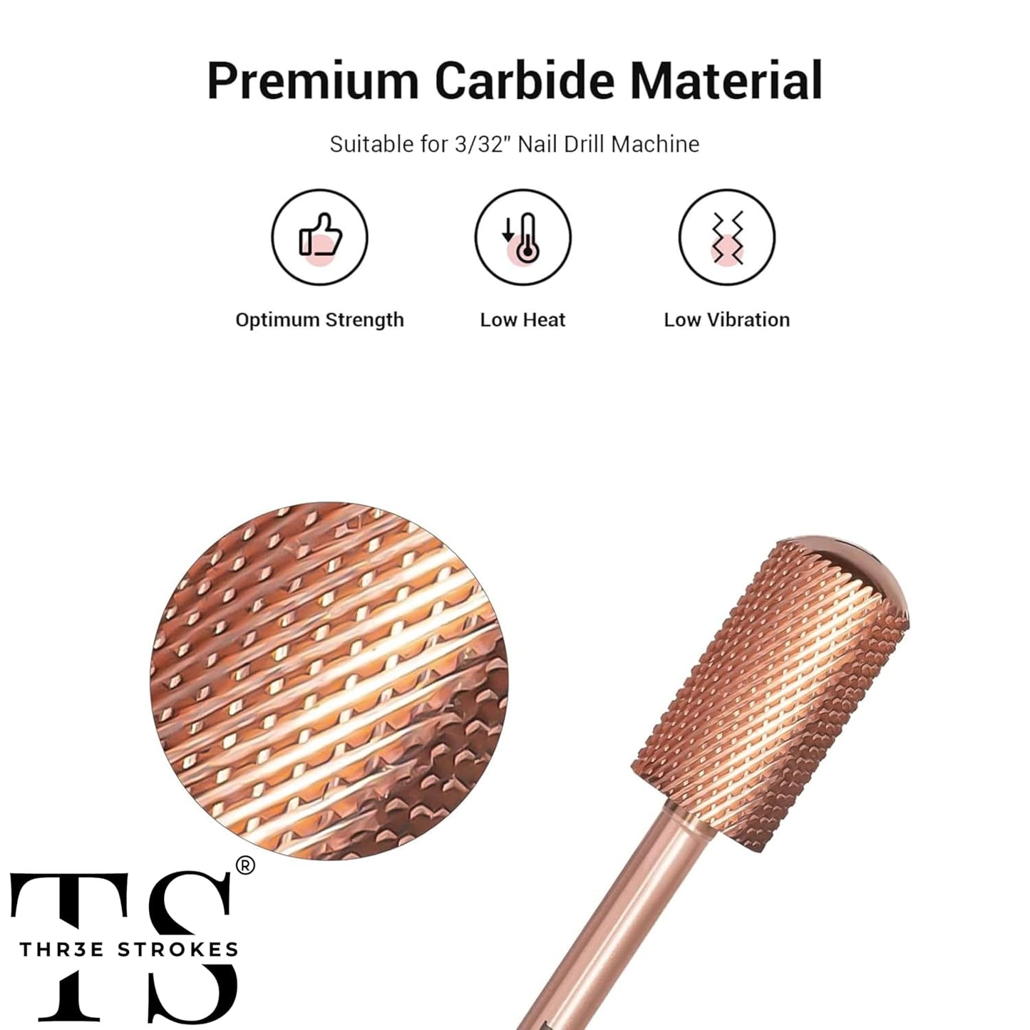 GV75 THR3E STROKES Nail Drill Bits, 3/32'' Smooth Round Top Large Barrel Carbide Bits, Suitable for Manicure Pedicure Cuticle Gel Polishing, Beginners Bits, Rose Gold, Series Bit (Fine-F, ROSE GOLD)