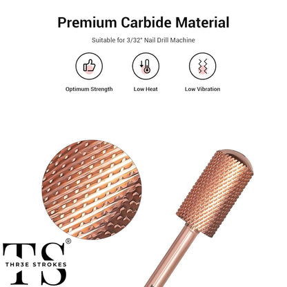 GV75 THR3E STROKES Nail Drill Bits, 3/32'' Smooth Round Top Large Barrel Carbide Bits, Suitable for Manicure Pedicure Cuticle Gel Polishing, Beginners Bits, Rose Gold, Series Bit (Fine-F, ROSE GOLD)