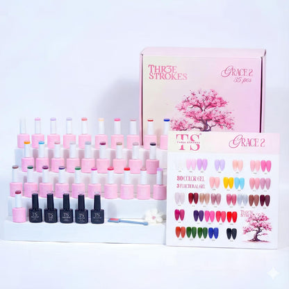 GV871 THREE STROKES Grace 2 Gel Nail Polish Kit – 35 Pcs Set (30 Trendy Colors + 5 Functional Gels) | Includes Base, Top, Matte, Primer & Reinforce Gel | Professional Soak Off UV/LED Nail Art Gift Box with Magnet Stick