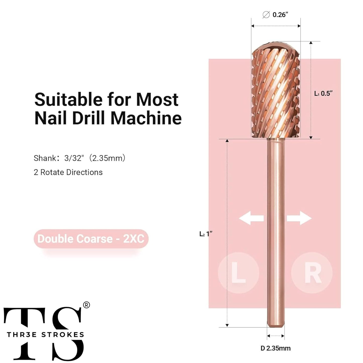 GV74 THR3E STROKES Nail Drill Bits, 3/32'' Smooth Round Top Large Barrel Carbide Bits, Suitable for Manicure Pedicure Cuticle Gel Polishing, Beginners Bits, Rose Gold, Series Bit (Double Coarse-2XC, ROSE GOLD)