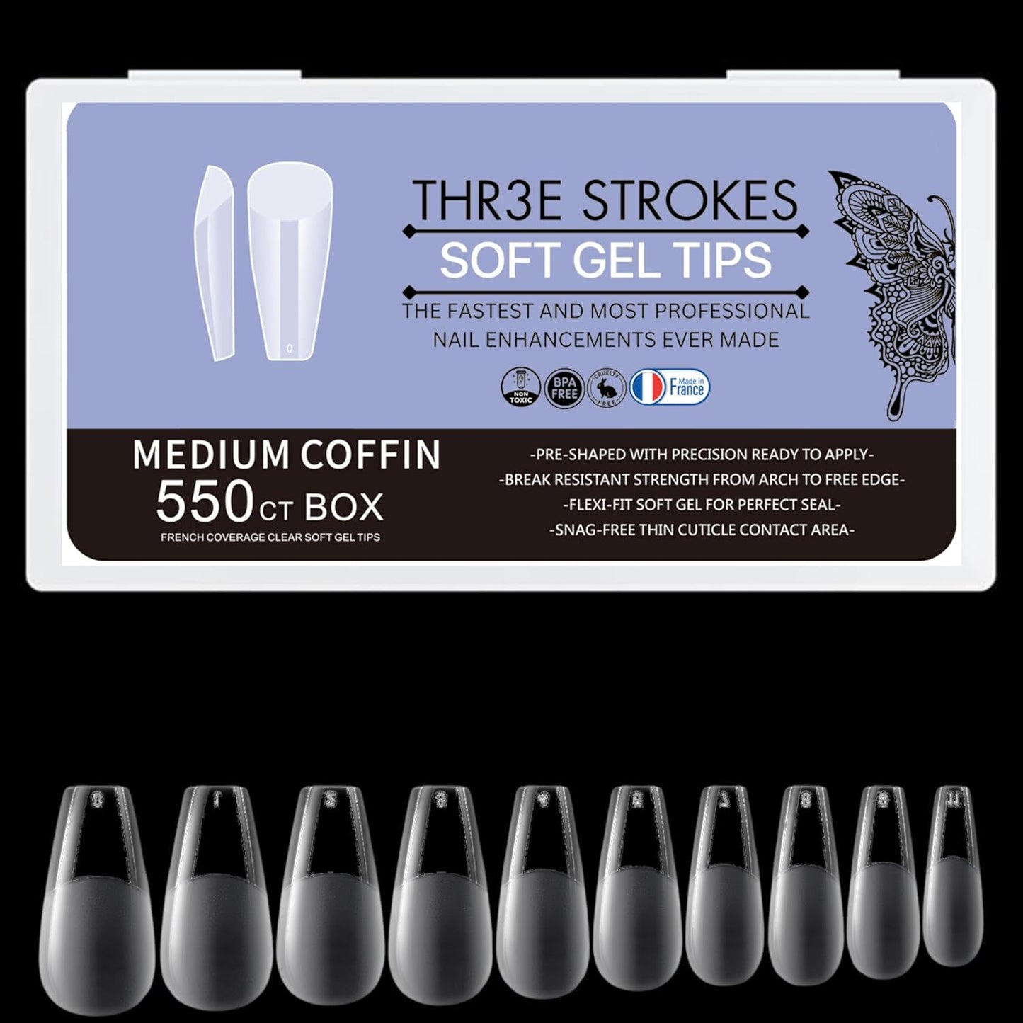 GV34 THR3E STROKES Soft Gel Nail Tips, Full Cover Clear Soft Nail Tips for Artificial False Nails Extension Nail Salons DIY Nail Art with Box, 550PCS (MEDIUM COFFIN N14)