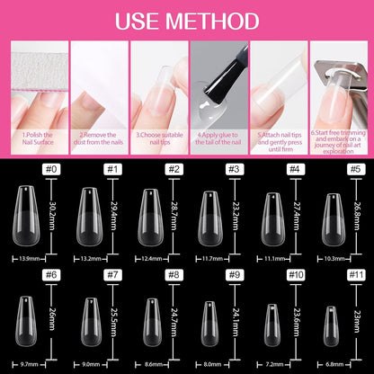 GV25 THR3E STROKES Soft Gel Nail Tips, Full Cover Clear Soft Nail Tips for Artificial False Nails Extension Nail Salons DIY Nail Art with Box, 550PCS (LONG COFFIN N19)