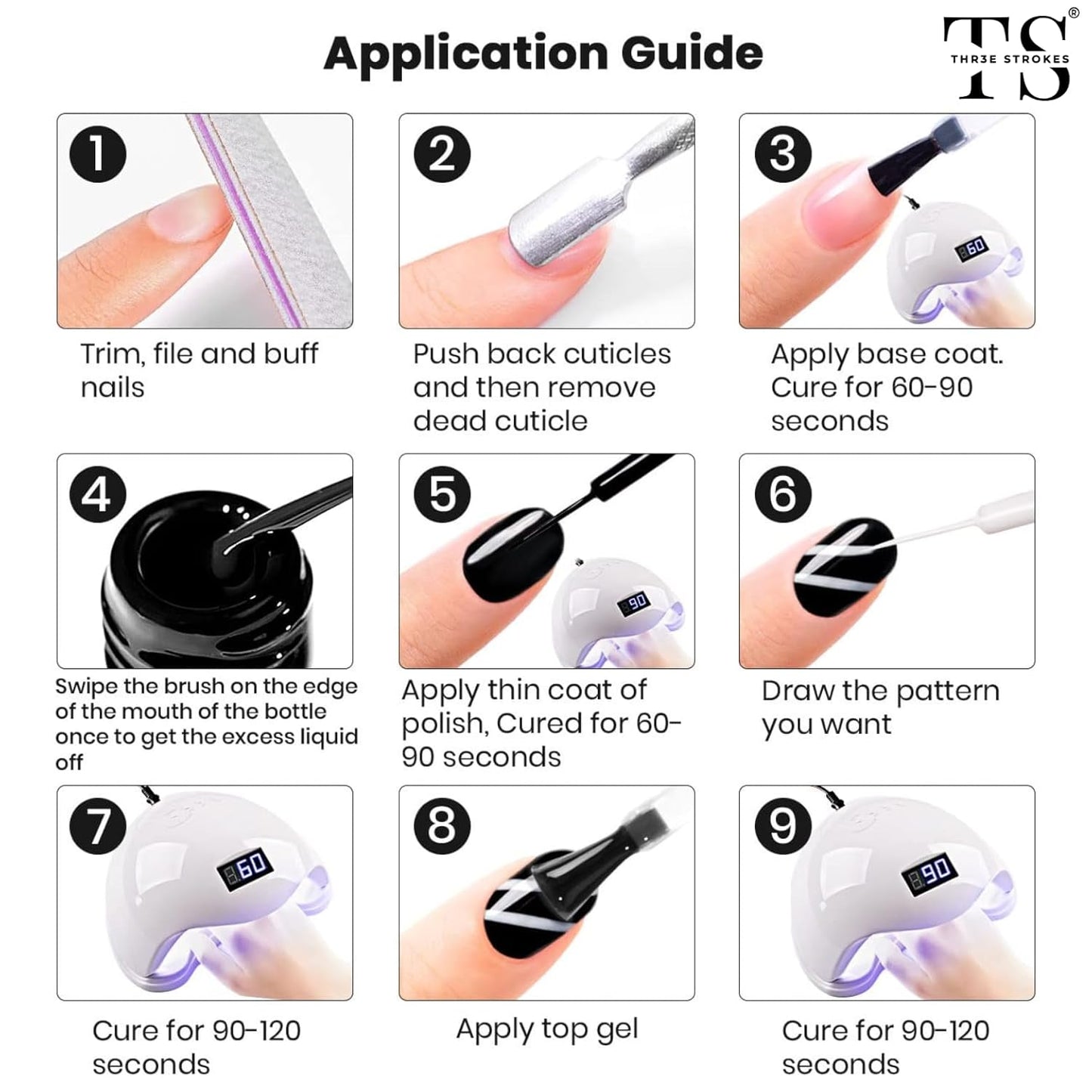 GV18 THR3E STROKES Liner Nail Art Gel Polish,Black Painted Gel Nail Design Polish 1 Bottle Soak off Curing Requires 8ml Build in Thin Brush for Classical Home Salon Diy Nail French Manicure Painting (Black)