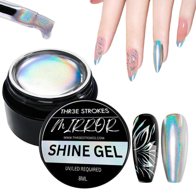 GV101 THR3E STROKES 8ml Holographic Metallic Painting Gel, Silver Mirror Gel Nail Polish Chrome Gel Nail Polish, 3D Metal Painted Drawing Gel Polish Laser Rainbow Effect High Gloss Soak Off UV/LED DIY Nail Art (SILVER HOLO)