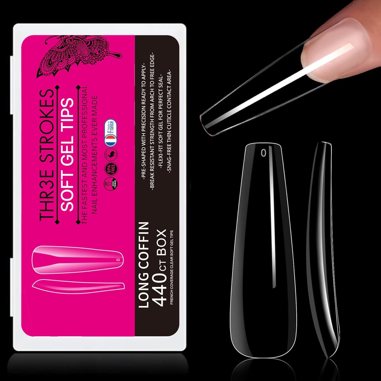 GV29 THR3E STROKES Soft Gel Nail Tips, Full Cover Clear Soft Nail Tips for Artificial False Nails Extension Nail Salons DIY Nail Art with Box, 440PCS (LONG COFFIN N5)