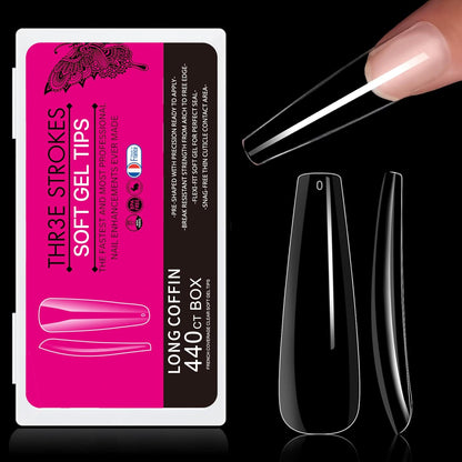 GV29 THR3E STROKES Soft Gel Nail Tips, Full Cover Clear Soft Nail Tips for Artificial False Nails Extension Nail Salons DIY Nail Art with Box, 440PCS (LONG COFFIN N5)