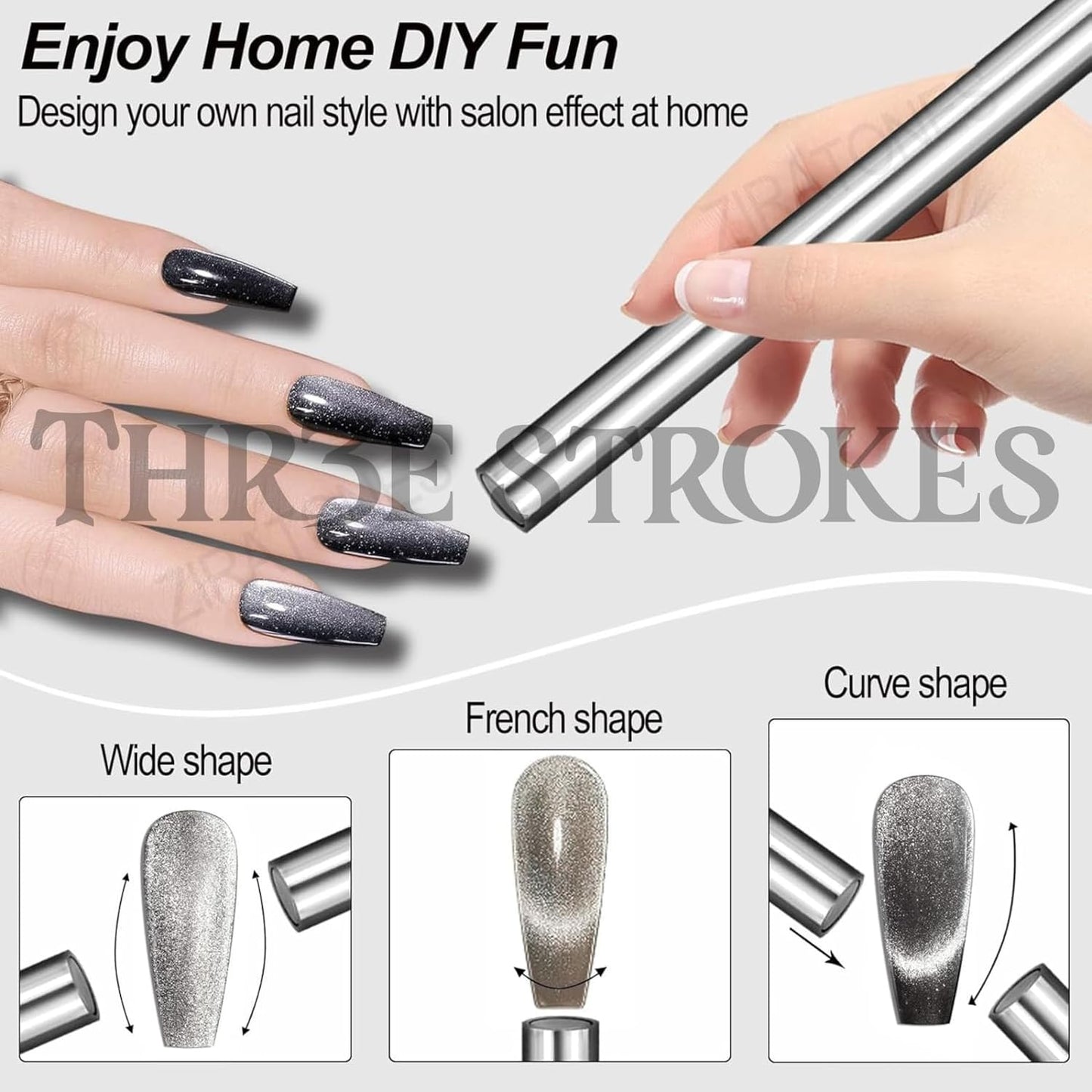 GV48 THR3E STROKES Cat Eye Magnet for Nails, 5.9inch Super Long Double-head Nail Polish Magnet Pens Magnet Stick 3D Magnetic Cat Eye Gel Polish Nail Art Tool, for Home DIY, Salon, Studio