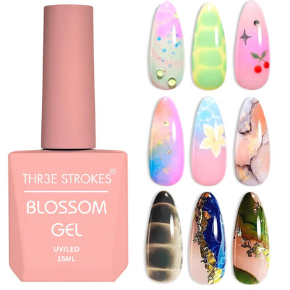 GV3 THR3E STROKES Nail Blooming Gel 15ml Clear Uv Led Blossom Gel Polish for Spreading Effect Marble Natural Stone Watercolor Floral Print Soak off Nail Gel Diy Nail Art Design Gift for Women
