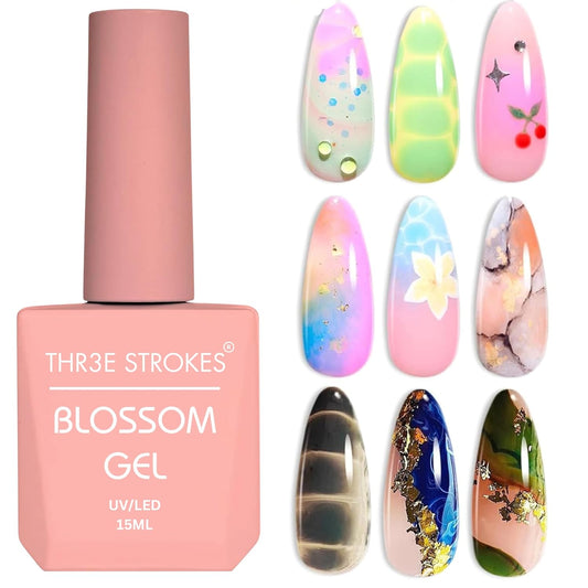GV3 THR3E STROKES Nail Blooming Gel 15ml Clear Uv Led Blossom Gel Polish for Spreading Effect Marble Natural Stone Watercolor Floral Print Soak off Nail Gel Diy Nail Art Design Gift for Women