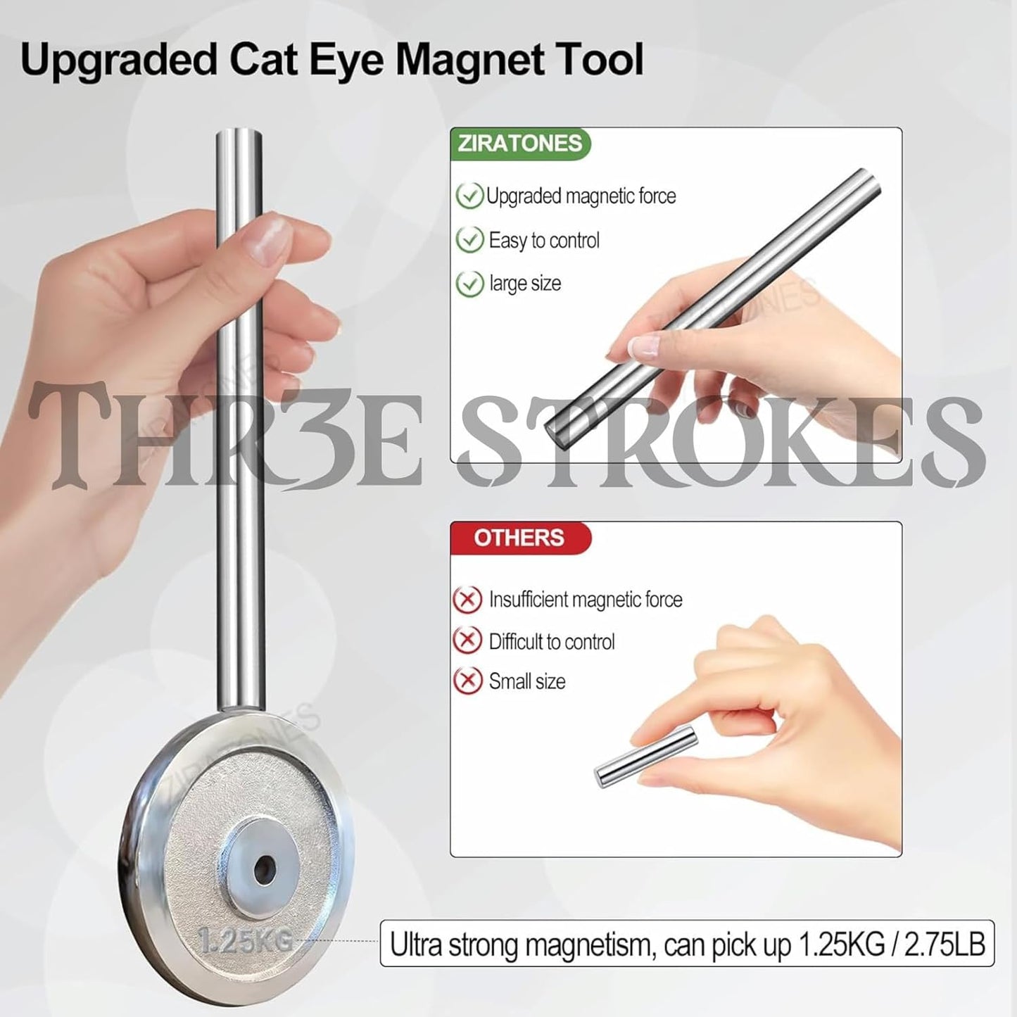 GV48 THR3E STROKES Cat Eye Magnet for Nails, 5.9inch Super Long Double-head Nail Polish Magnet Pens Magnet Stick 3D Magnetic Cat Eye Gel Polish Nail Art Tool, for Home DIY, Salon, Studio