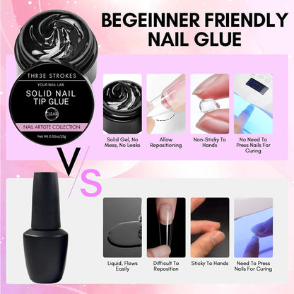 GV53 THR3E STROKES Solid Gel Nail Glue for Nail Tips Clear, Gel for Press On Nails Strong Fake Nail Bonding Gel Glue for Acrylic Nails Non-Stick Hard Gel for Nail Art Home Salon DIY 15ml(SOLID NOT DRIED)