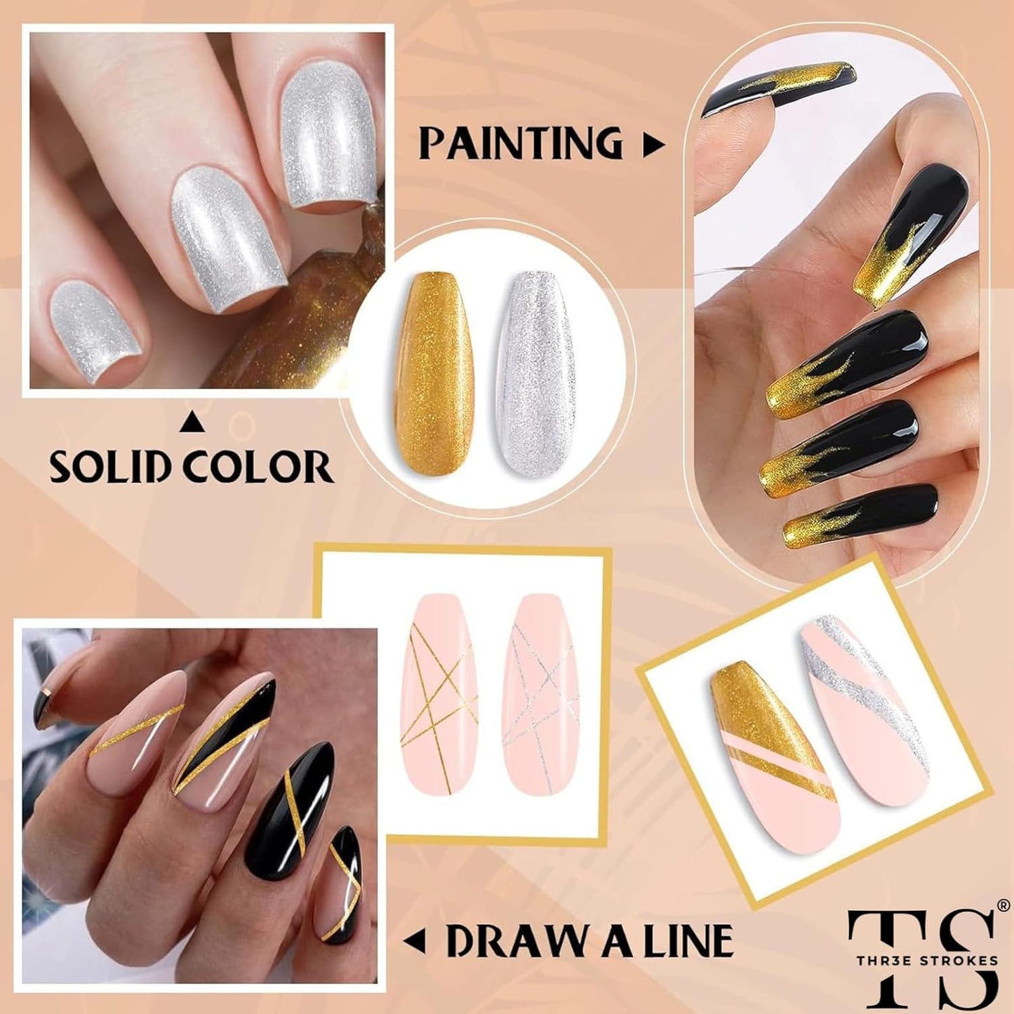 GV17 THR3E STROKES Gel Polish Nail Art Gel Liner Nail Polish Set, Golden Reflective Glitter Gel Polish, Gel Art Paint for Swirl Shiny Nails Nail Art Brush (Gold Glitter)
