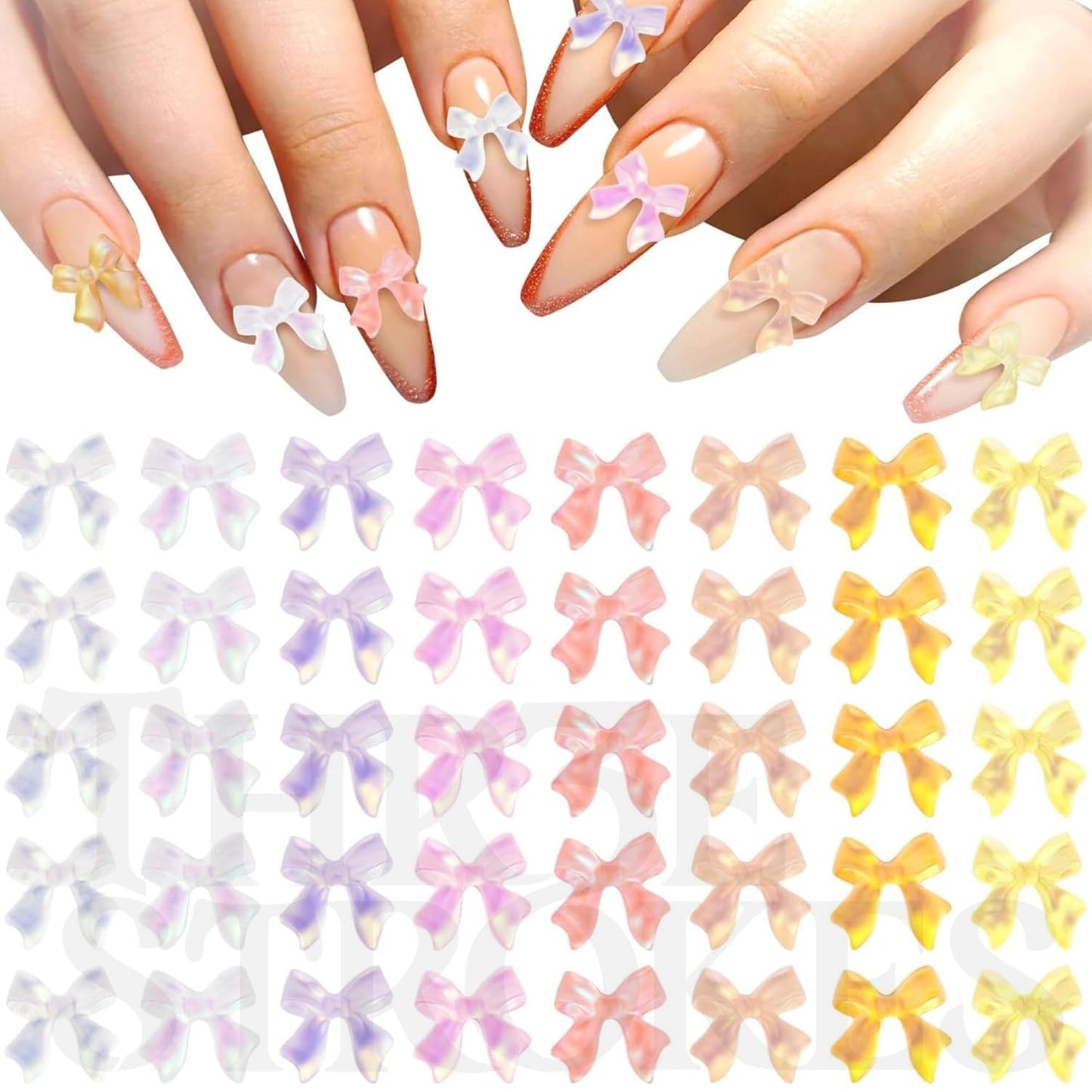 GV154 THR3E STROKES 160 Pcs Gradient Bow Nail Charm 3D Cute Bowknot Acrylic Nails Resin Glitter Pearl Rhinestones Beach Spring Summer Wedding Prom Halloween Christmas Accessories for Invitation Phone Case (d55)