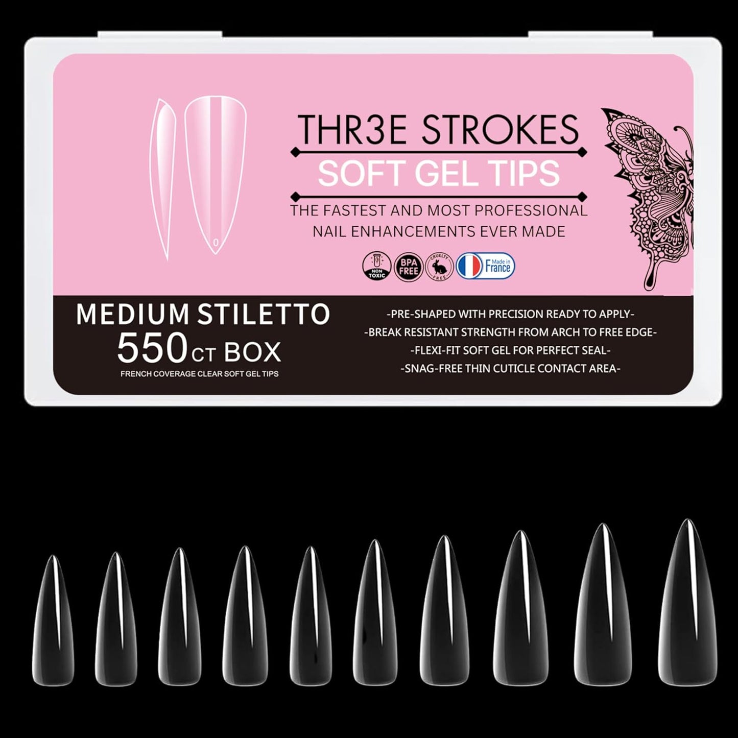 GV32 THR3E STROKES Soft Gel Nail Tips, Full Cover Clear Soft Nail Tips for Artificial False Nails Extension Nail Salons DIY Nail Art with Box, 550PCS (MEDIUM STILETTO N9)