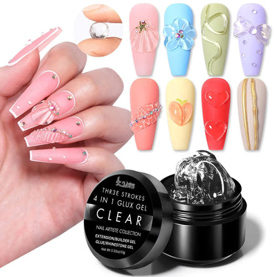 GV46 THR3E STROKES Solid Builder Nail Gel,15ML 4 in 1 Nail Extension Gel UV Nail Glue for Acrylic Nails Rhinestones Gel 3D Nail Sculpture Gel 3D Molding Hard Gel for Nails UV/LED Nail Lamp Required (CLEAR) (UV/LED LAMP REQUIRED)