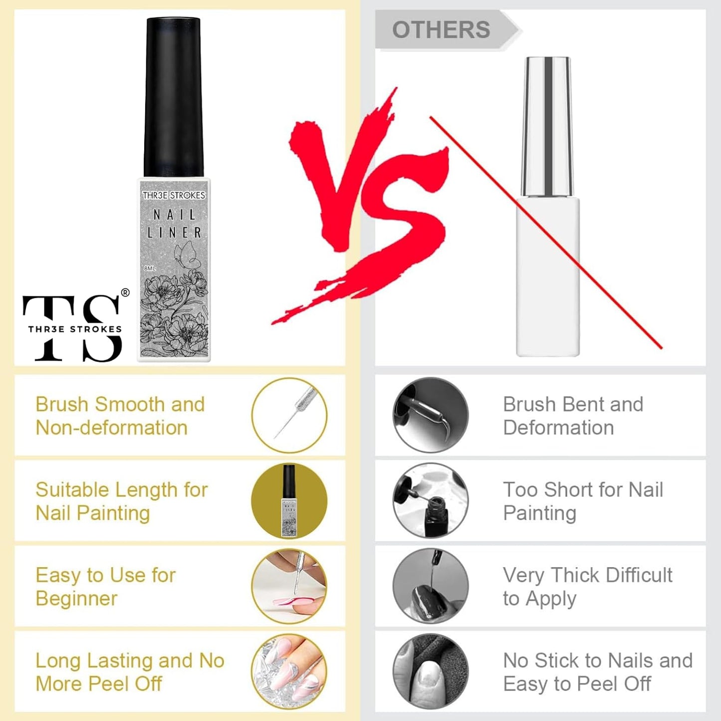 GV19 THR3E STROKES Gel Liner Nail Art Silver Glitter Design Gel Nail Polish 1 Bottle 8ml Soak off UV LED Curing Requires Build in Thin Brush Striper Gel Polish for Home Salon Diy Nail Manicure Painting Decoration (SILVER)