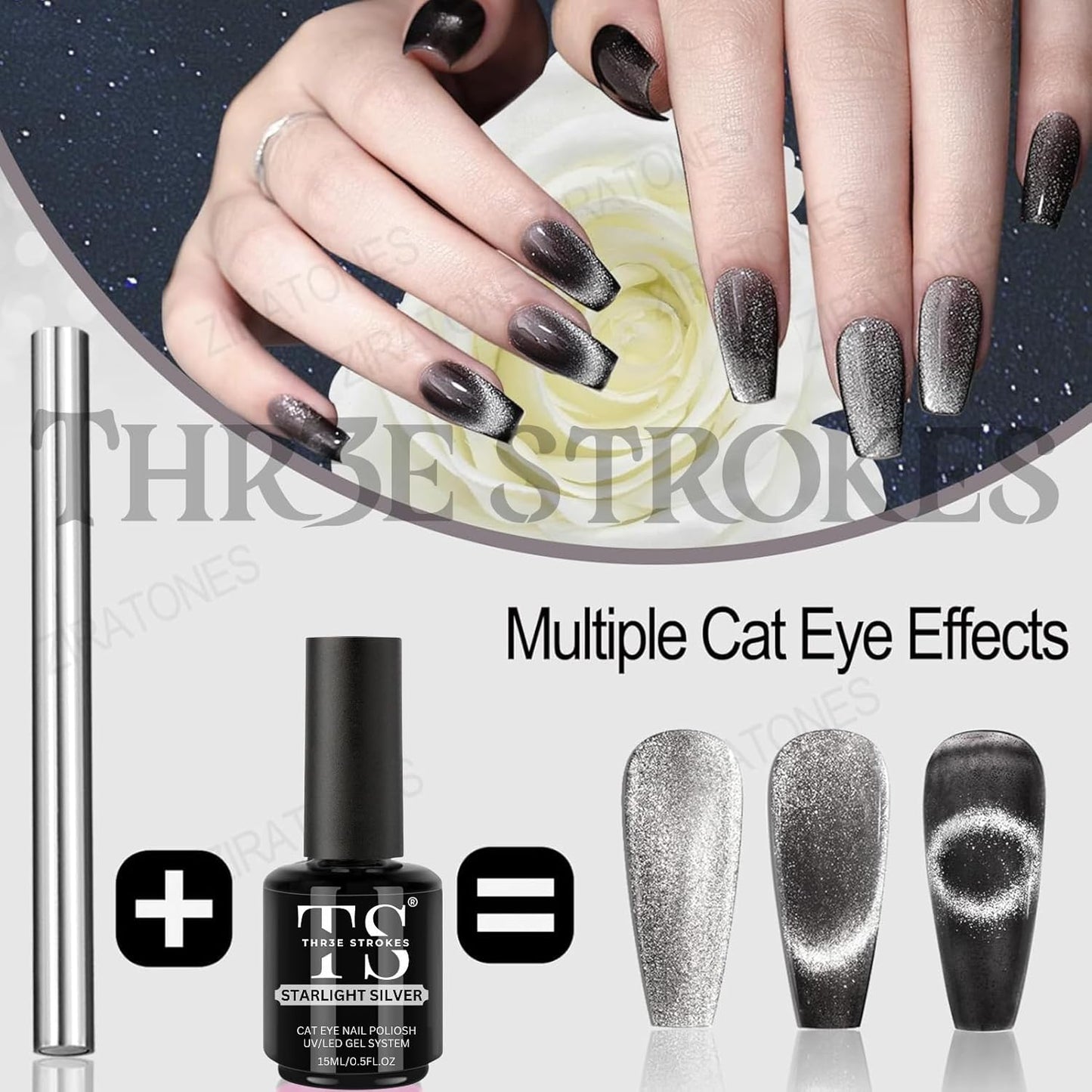 GV48 THR3E STROKES Cat Eye Magnet for Nails, 5.9inch Super Long Double-head Nail Polish Magnet Pens Magnet Stick 3D Magnetic Cat Eye Gel Polish Nail Art Tool, for Home DIY, Salon, Studio