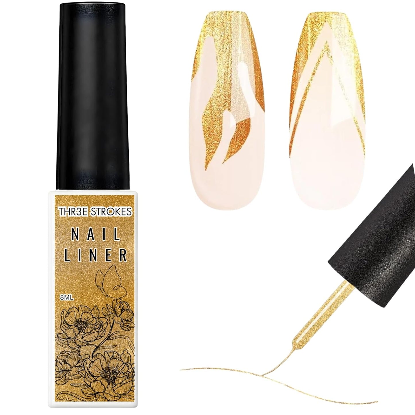 GV17 THR3E STROKES Gel Polish Nail Art Gel Liner Nail Polish Set, Golden Reflective Glitter Gel Polish, Gel Art Paint for Swirl Shiny Nails Nail Art Brush (Gold Glitter)