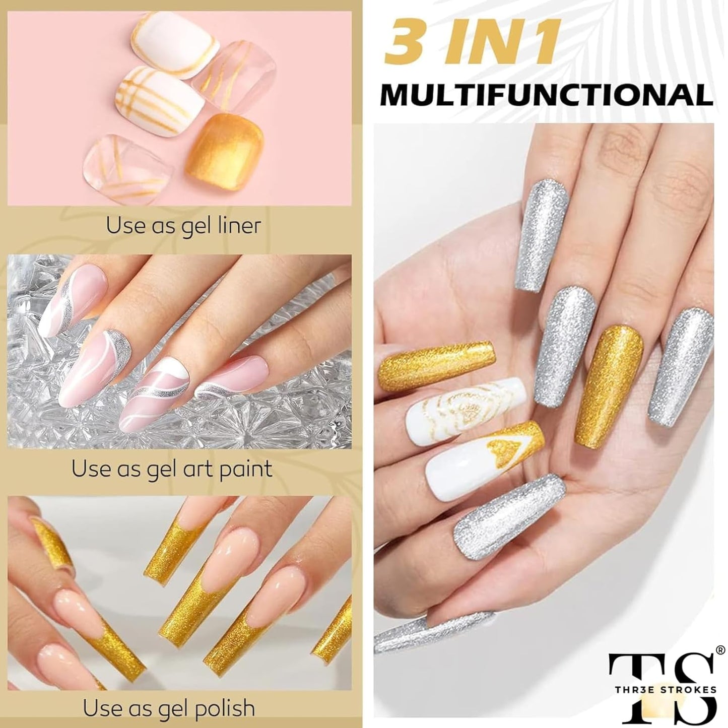 GV17 THR3E STROKES Gel Polish Nail Art Gel Liner Nail Polish Set, Golden Reflective Glitter Gel Polish, Gel Art Paint for Swirl Shiny Nails Nail Art Brush (Gold Glitter)