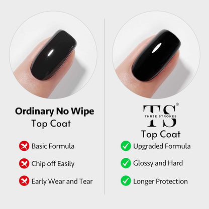 GV85 THR3E STROKES No-Wipe Top Coat and Base Coat Gel Set HEMA-FREE - Shine Finish Long Lasting, Soak-Off UV/LED Nail Lamp Cured Gel Base Top & Base Coat 15ml/each (Combo Pack) Nail Art Design Manicure Gifts for Women (GOLDEN SERIES)