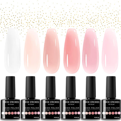 GV6 THR3E STROKES Gel Nail Polish Set- 6 Colors Nude Gel Polish All Seasons Skin Tones Pink Neutral Brown Gel Polish Kit (Uv/Led Lamp Required) Shades Need At Least 3 Layers, Shine Finish, 7 Milliliters (NUDE 234)