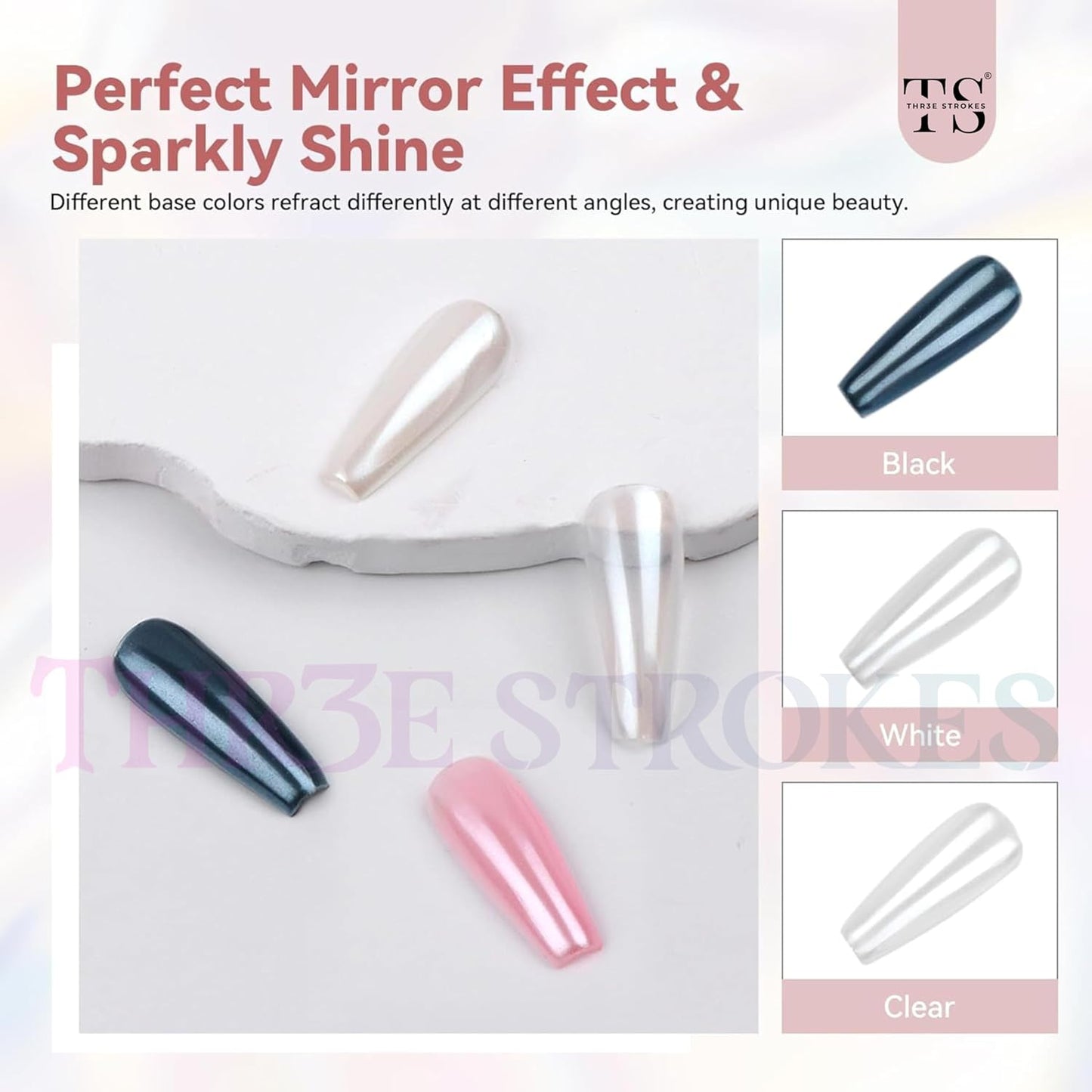 GV51 THR3E STROKES White Pearl Chrome Nail Powder - 1g Mirror Effect Chrome Powder for Gel Nails, Metallic Mermaid Chrome Nail Powder for Gel Polish, Pearl Nail Powder Glitter Dust Kit for Nail Art Decorations (WHITE PEARL)