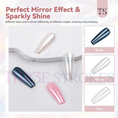 GV51 THR3E STROKES White Pearl Chrome Nail Powder - 1g Mirror Effect Chrome Powder for Gel Nails, Metallic Mermaid Chrome Nail Powder for Gel Polish, Pearl Nail Powder Glitter Dust Kit for Nail Art Decorations (WHITE PEARL)