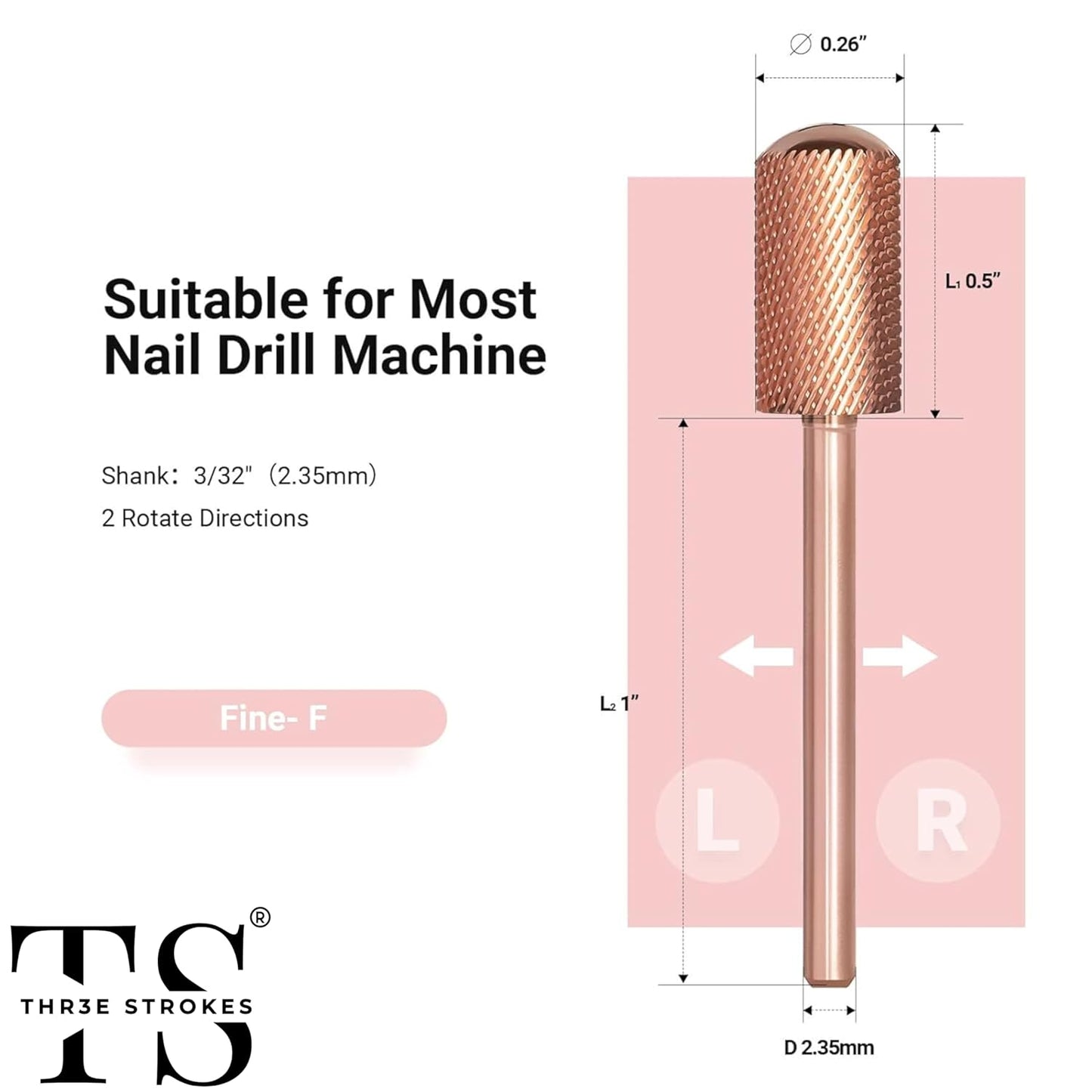 GV75 THR3E STROKES Nail Drill Bits, 3/32'' Smooth Round Top Large Barrel Carbide Bits, Suitable for Manicure Pedicure Cuticle Gel Polishing, Beginners Bits, Rose Gold, Series Bit (Fine-F, ROSE GOLD)