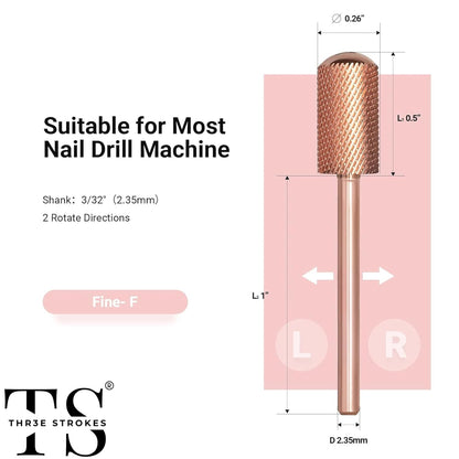 GV75 THR3E STROKES Nail Drill Bits, 3/32'' Smooth Round Top Large Barrel Carbide Bits, Suitable for Manicure Pedicure Cuticle Gel Polishing, Beginners Bits, Rose Gold, Series Bit (Fine-F, ROSE GOLD)