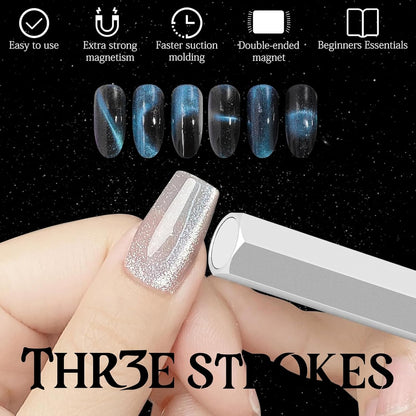GV86 THR3E STROKES Cat Eye Magnet Tool,Professional Double-Ended Hexagon Strong Nail Magnet Stick for Cat Eye Gel Nail Polish,suitable for personal DIY, nail studio or nail salon(Silver)